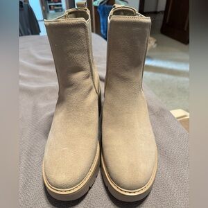 Taupe Suede Lug Sole Chelsea Boots, Size 7